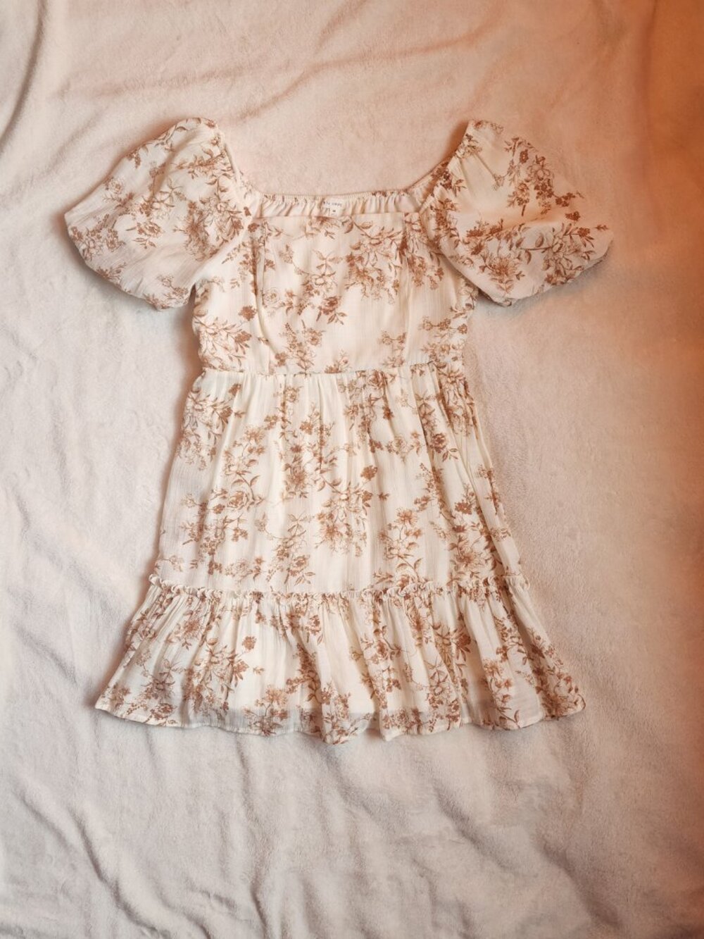 Cream and Brown Floral Squareneck Puff Sleeve Midi Dress